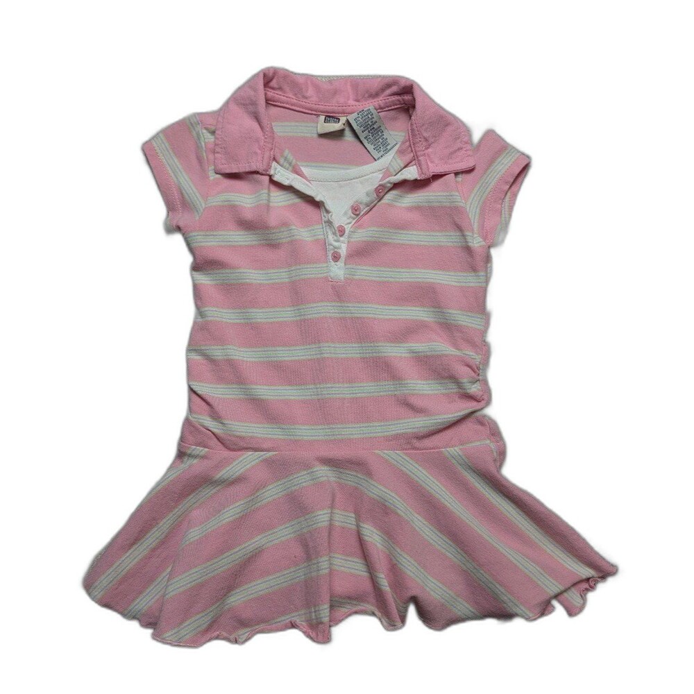 Vintage Y2K Faded Glory Girls Pink Striped Polo Dress 24m Cotton Built in Shirt